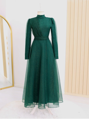 Half Throat Front Draped Belt Glittery Evening Dress -Emerald