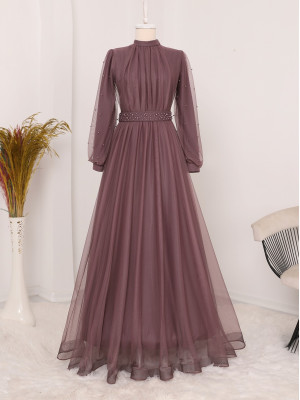 Sleeve And Belt Pearls Judge Collar Tulle Evening Dress -Cherry Color