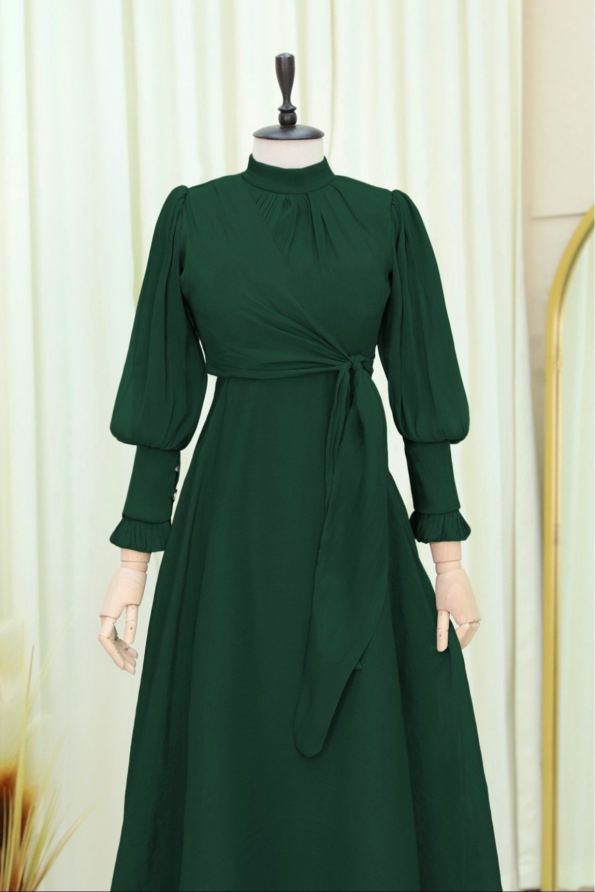 High Collar Side Tie Pleated Evening Dress  -Emerald