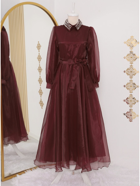 Pearl and Stone Detailed Collar Tie Waist Evening Dress -Maroon