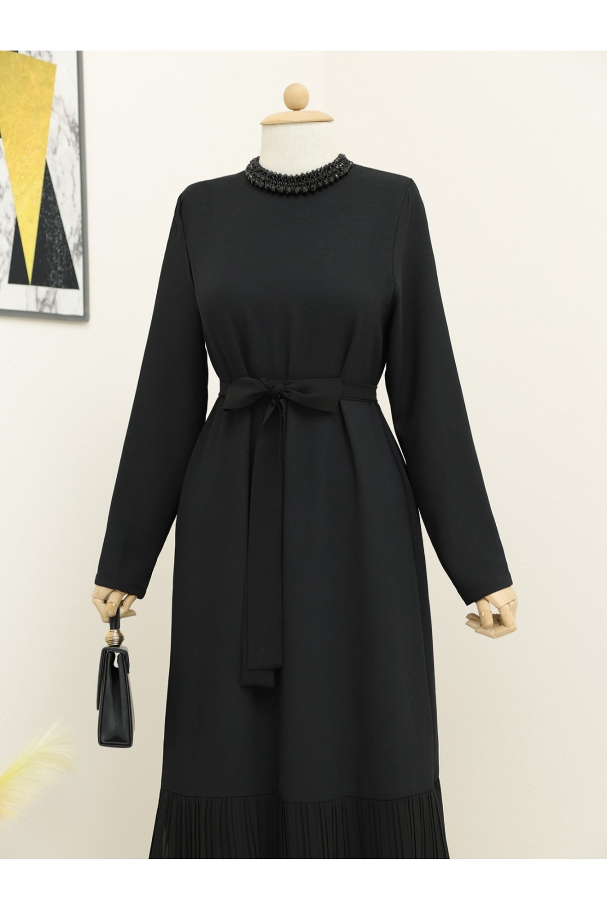 Belted Dress with Pleated Lace Skirt -Black