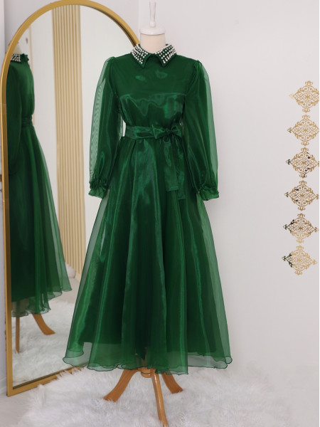 Pearl and Stone Detailed Collar Tie Waist Evening Dress -Emerald