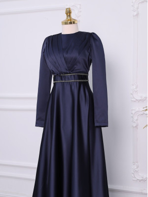 Front Draped Waist Beaded Satin Evening Dress -Navy blue