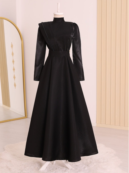 Bead Detailed Belted Evening Dress -Black