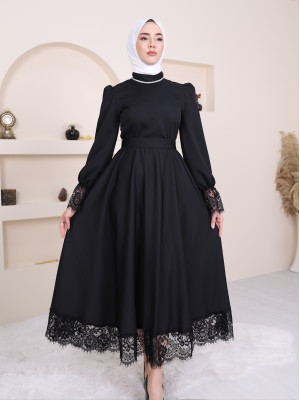 Collar stony skirt and arm tulle arched evening dress -Black