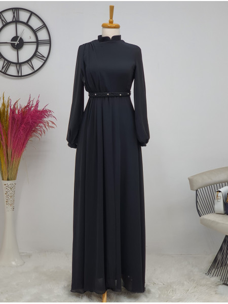 Belt Embellished Judge Collar Long Chiffon Dress -Black