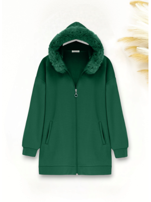 Zippered Hooded Fur Fleece -Emerald