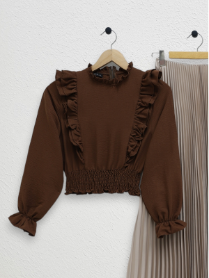 Ayrobin Blouse with Ruffles and Gathered Waist -Brown