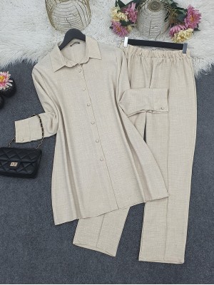 Top Button Shirt and Trousers Set  - Beige