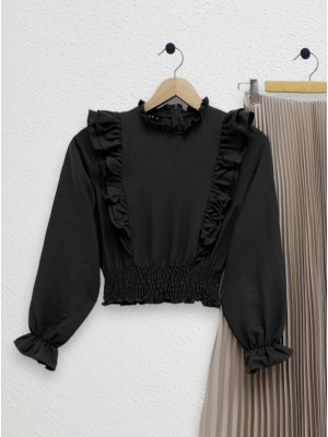 Robadan Fırfırlı Beli Büzgülü Ayrobin Bluz -Siyah