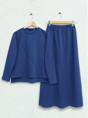 Grass Detailed Skirt Suit -İndigo