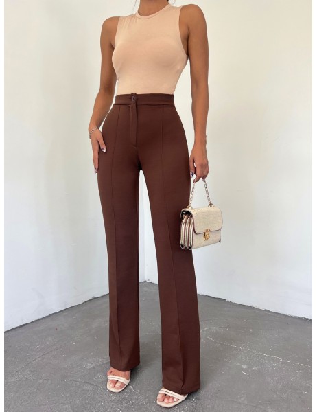 Buttoned Lycra Trousers -Brown