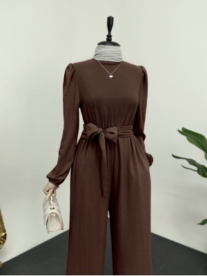 High Collar Elastic Waist Belted Jumpsuit -Brown