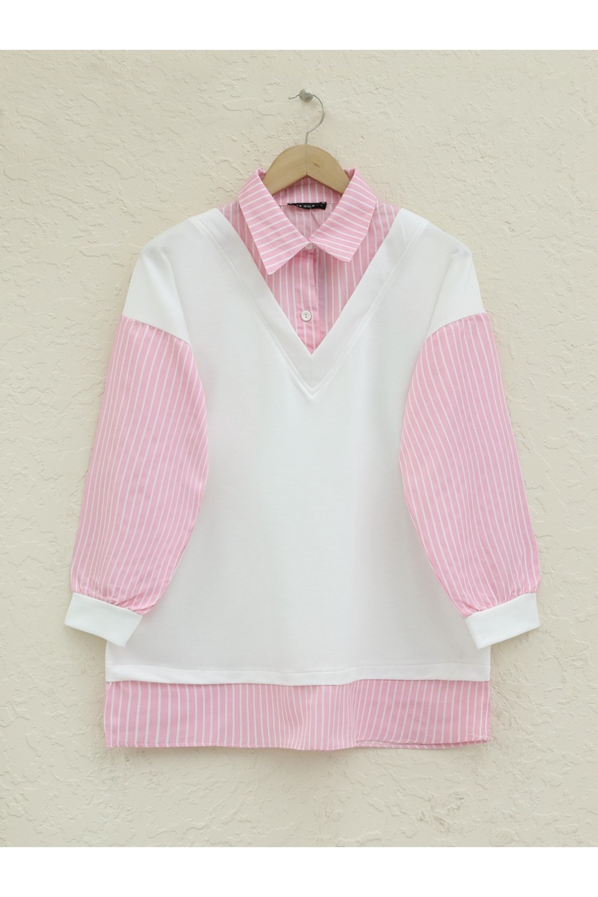 Striped Shirt Detail Sweat Tunic -Pink