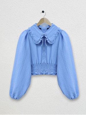 Baby Collar Long Sleeve Blouse with Elastic Waist -Blue