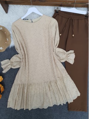 Tunic with Elastic Sleeves and Pieced Skirt - Beige