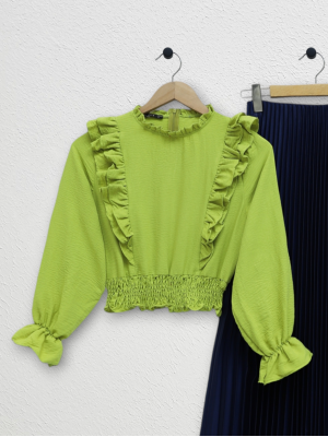 Ayrobin Blouse with Ruffles and Gathered Waist -PISTACHIO GREEN
