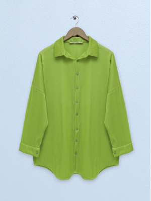 Boydan Düğmeli Jakarlı Oversize Gömlek -F.Yeşili