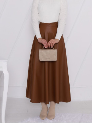 Straight Leather Skirt with Elastic Waist -Snuff