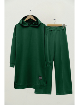 Hooded Wide Leg Combed Cotton Suit    -Emerald