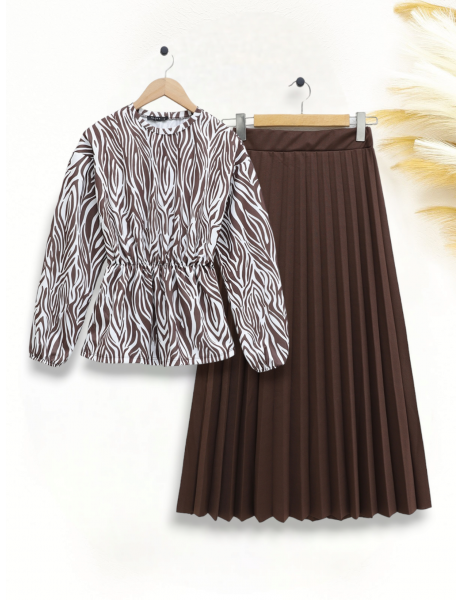 Water Pattern Skirt Suit with Elastic Waist -Brown