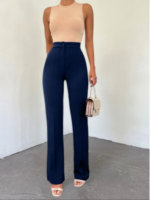 Buttoned Lycra Trousers  -Navy blue