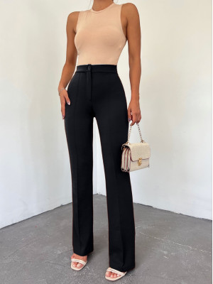 Buttoned Lycra Trousers -Black