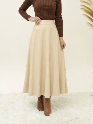Straight Leather Skirt with Elastic Waist - Beige