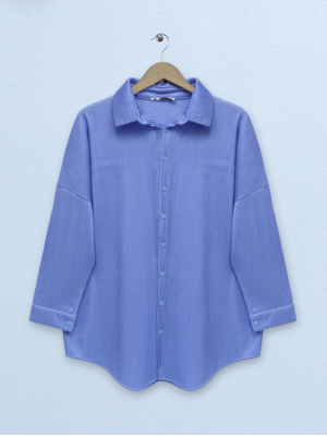 Boydan Düğmeli Jakarlı Oversize Gömlek -Açık Mavi