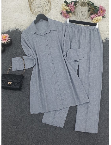 Top Button Shirt and Trousers Set  -Grey
