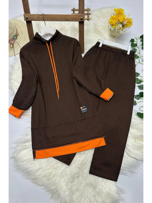 Two Thread Combed Cotton Double Suit with Orange Detail -Brown