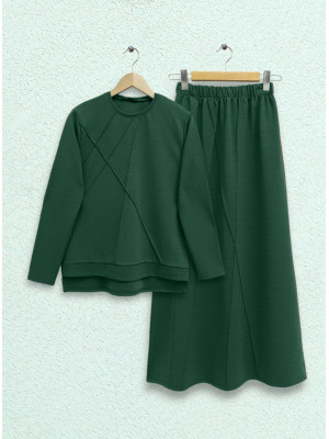 Grass Detailed Skirt Suit -Emerald