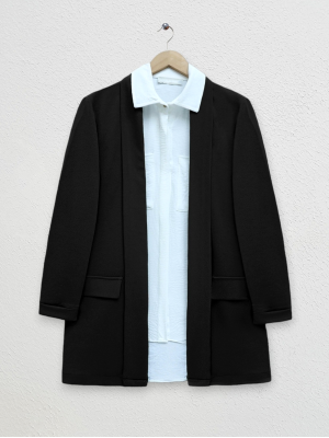 Crepe Jacket with Folded Collar and Sleeves and Pocket Detail  -Black