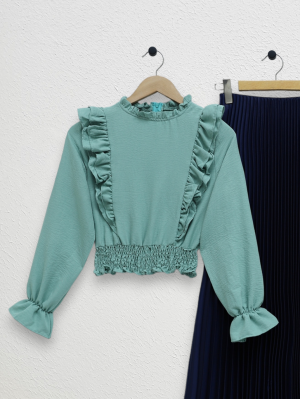 Ayrobin Blouse with Ruffles and Gathered Waist  -Mint Color