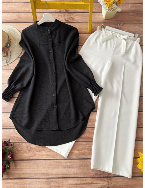 Sleeve Cuff Draped Oval Cut Shirt -Black