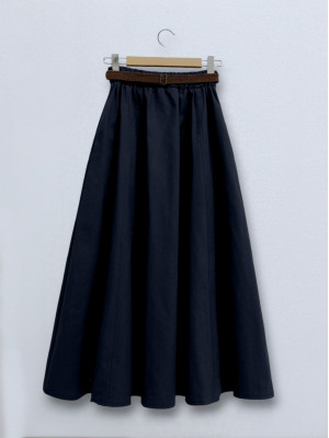 Wicker Belted Cotton Gbardin Loose Skirt  -Navy blue