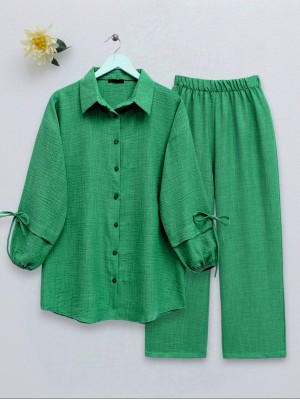 Double Suit with Elastic Sleeves and Lacing Detail   -Green