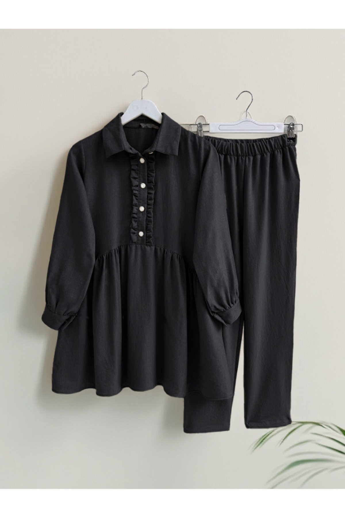 Half Buttoned Linen Suit with Ruffle Front -Black