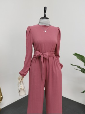High Collar Elastic Waist Belted Jumpsuit -Dried rose
