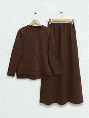 Grass Detailed Skirt Suit -Brown