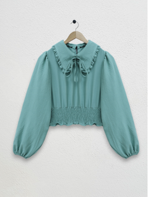 Baby Collar Long Sleeve Blouse with Elastic Waist -Mint Color