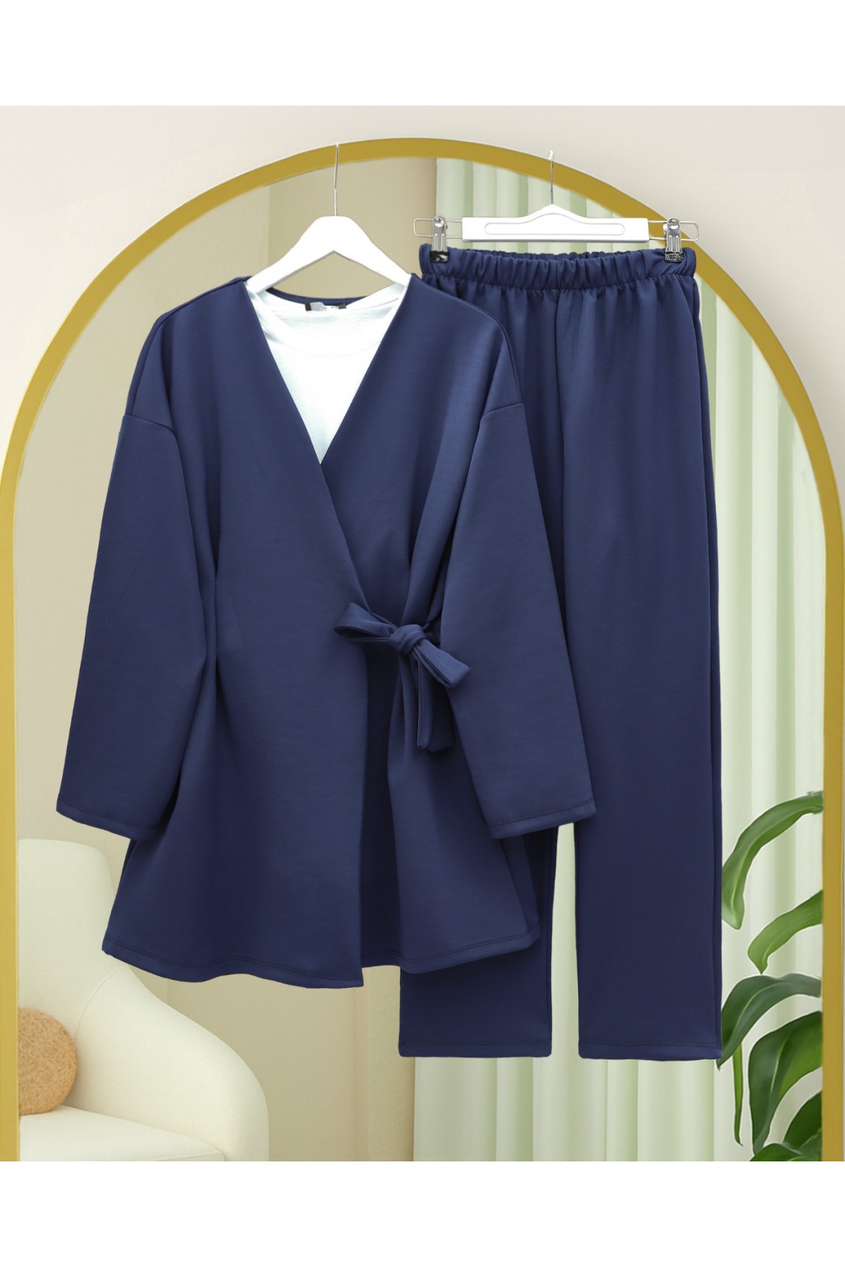 Beli Çift Bağlamalı Scuba Kimono Takım  -Laci