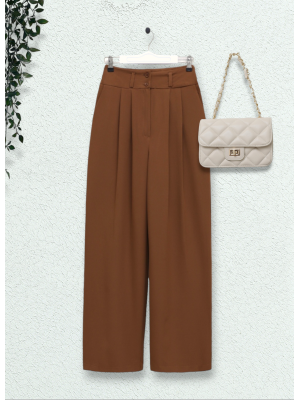 Double Buttoned Wide Leg Pocket Trousers -Brown