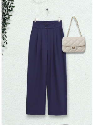 Double Buttoned Wide Leg Pocket Trousers -Navy blue