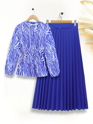 Water Pattern Skirt Suit with Elastic Waist -Saxe 