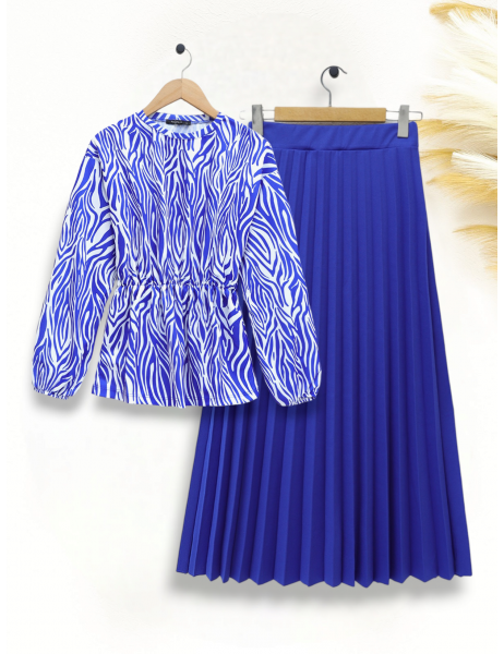 Water Pattern Skirt Suit with Elastic Waist -Saxe 