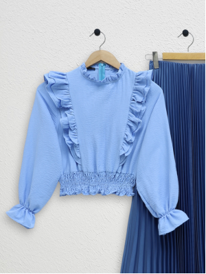 Ayrobin Blouse with Ruffles and Gathered Waist -Baby Blue