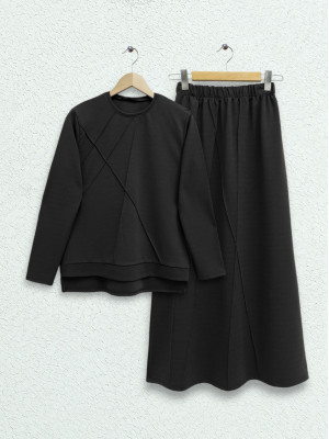 Grass Detailed Skirt Suit -Black