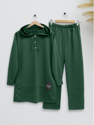 Double Combed Cotton Suit with Snap Fastener Crest Detail -Emerald