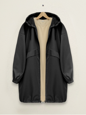 Hooded, Zippered Raincoat with Elastic Sleeves -Black